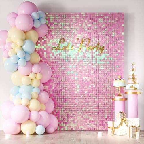 COKAOBE Iridescent Pink Shimmer Wall Backdrop, 24PCS Square Sequin Shimmer Backdrop Panel, Photo Backdrops for Birthday, Anniversary, Wedding, Graduation & Bachelorette Party Decoration
