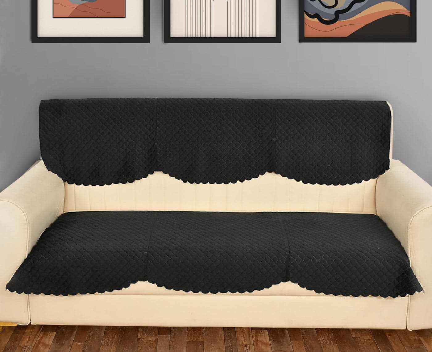 Yellow Weaves 3 Seater Self Design Quilted Sofa Cover, Seat & Back Cover, Color - Black - Velvet