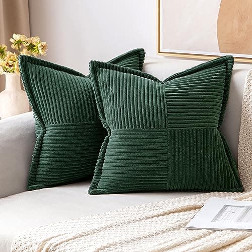 MIULEE Christmas Decorative Throw Pillow Covers for Couch Bed Livingroom 18x18 Inch Set of 2 Dark Green Boho Accent Throw Pllows Broadside Striped Patchwork Soft Corduroy Pillowcases
