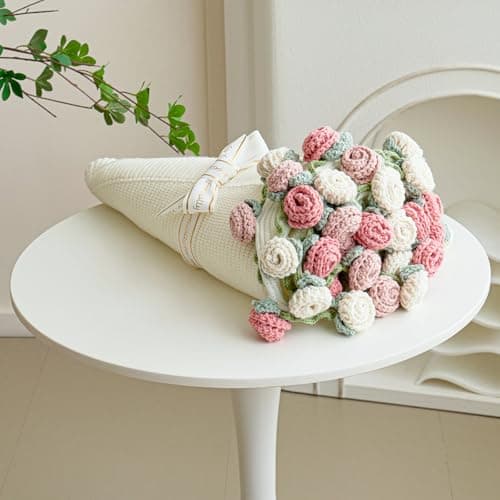 Crochet Flower Bouquet Throw Blanket, Handmade Knitted Blanket with Rose Flowers, Cute Romantic Gift for Her Girlfriend Mom Mother’s Day Valentine Wedding Anniversary Birthday, Pink and White