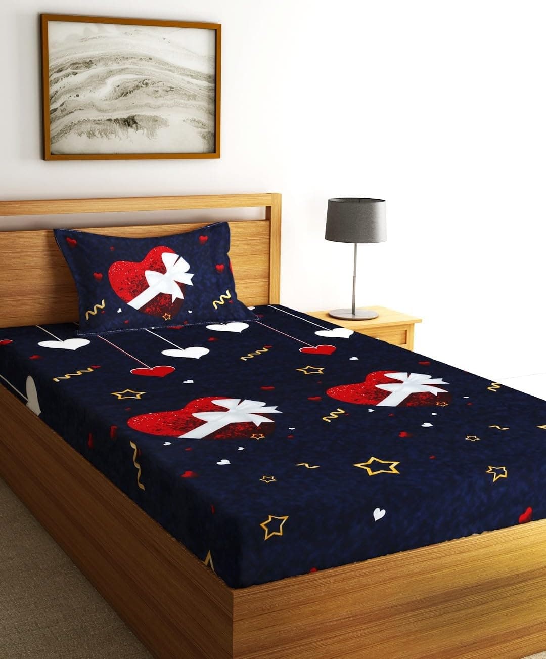 Fashion String 144 TC Microfibre Dark Blue Single Bedsheet with 1 Pillow Cover