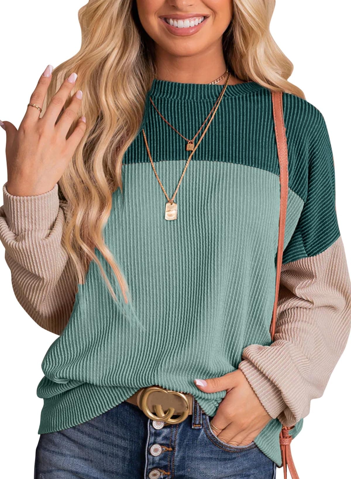 Dokotoo Womens Fall Fashion 2025 Crewneck Long Sleeve Shirts Colorblock Tunics Blouses Teacher Clothes Spirng Summer Business Casual Loose Tops Knitted Vacation Outfits For Women Green
