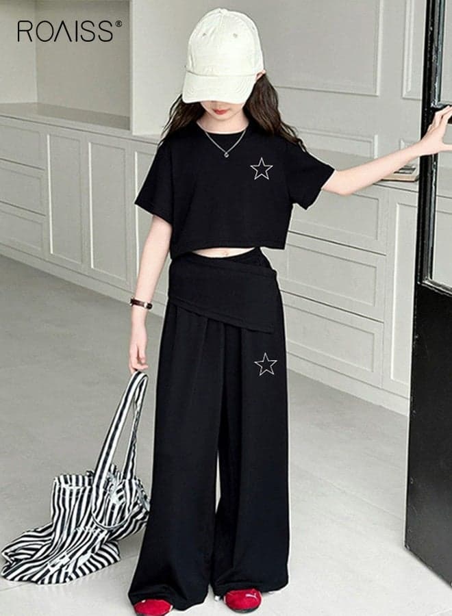 Girls Casual Streetwear Set, Short Sleeve Crop Top and Asymmetrical Waist Wide Leg Pants Set, Loose Fit Breathable Summer Outfit for Girls, Perfect for Daily Wear and Street Style Looks