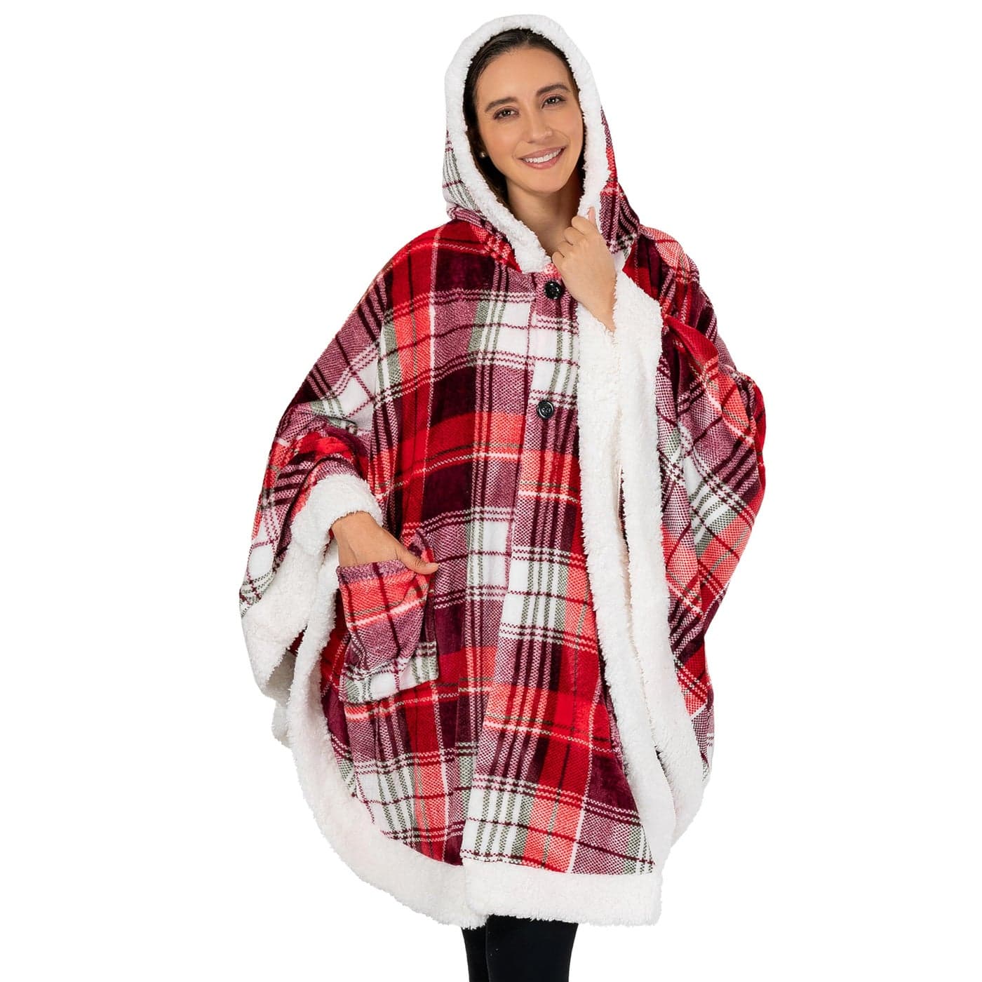 PAVILIA Wearable Blanket for Adult Women Cozy Plush Fleece Blanket Poncho Cape with Hood Super Soft Shawl Angel Wrap Throw for Office Tartan Plaid