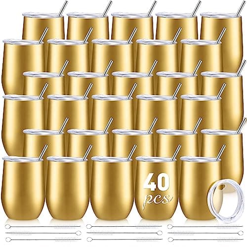 Sieral 40 Pack Insulated Wine Tumblers Bulk 12oz Stainless Steel Wine Cups with Lids & Straws, Double Wall Vacuum Coffee Tumbler for Wedding Party, Employee Teacher Nurse Gifts(Champagne Gold)