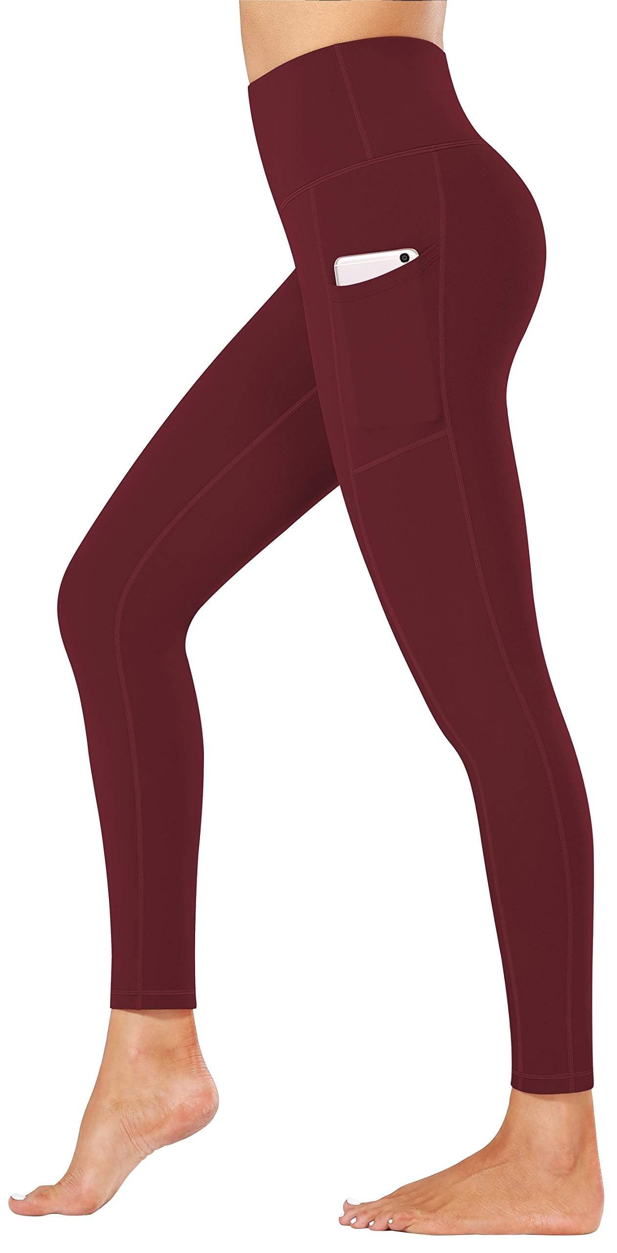 Fengbay High Waist Yoga Pants, Pocket Yoga Pants Tummy Control Workout Running 4 Way Stretch Yoga Leggings Wine Red