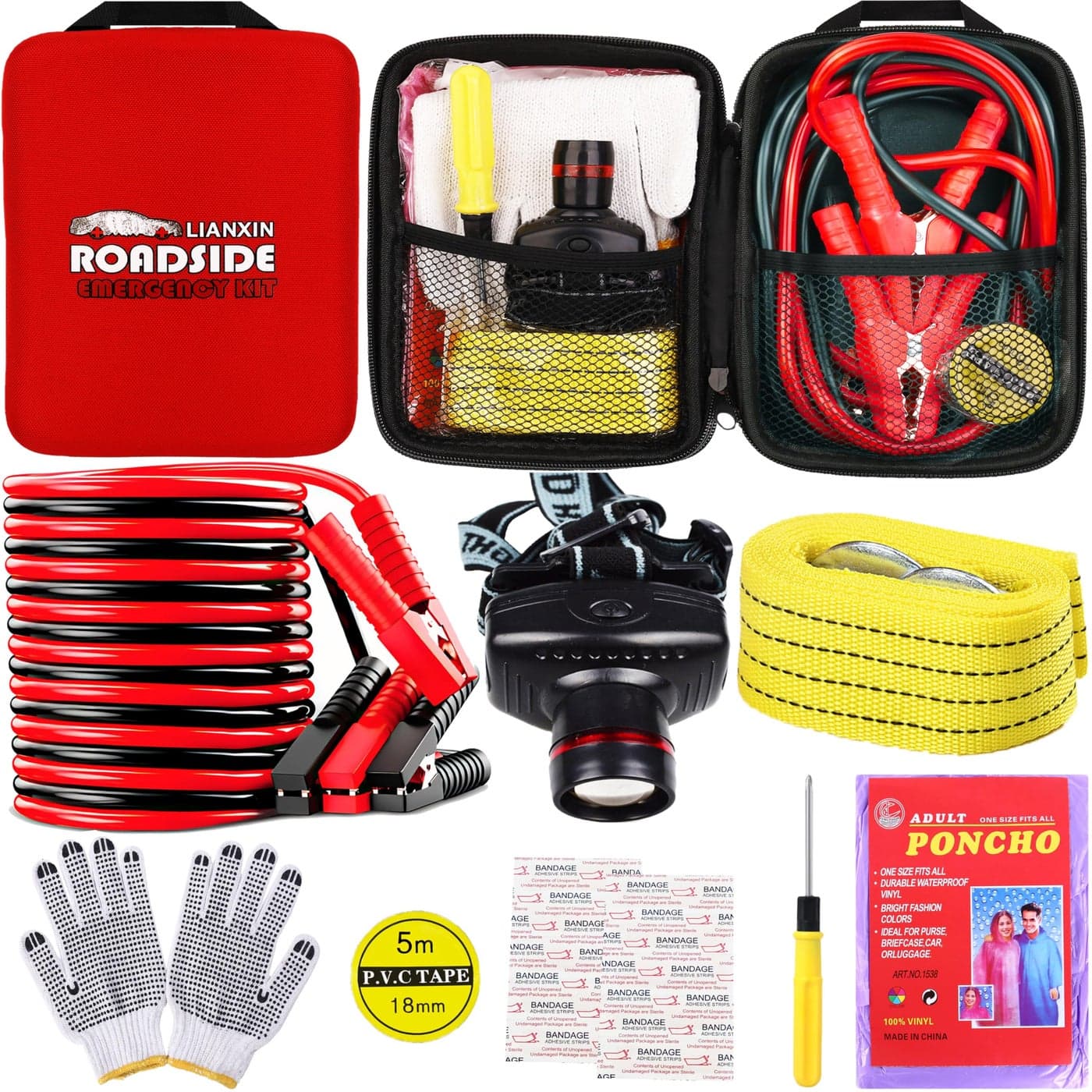 LIANXIN Car Roadside Emergency Kit with Jumper Cables Automotive KitCar Safety Roadside Assistance Kit HeadlampTow StrapsScrewdrivers Rainwear GlovesRed