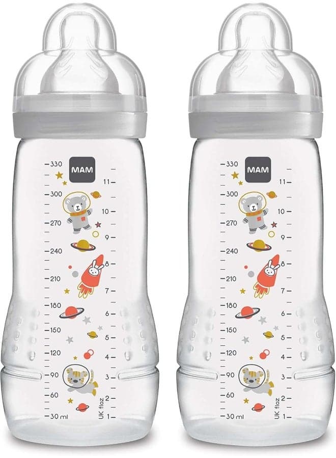 MAM Easy Active Bottle 11 oz (2-Count), Fast Flow Bottles, 4+ Month, Unisex, Gray