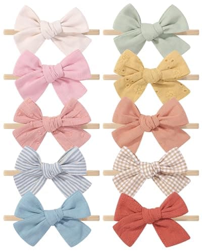 doboi 10PCS Baby Girls Headbands Hair Bows Nylon Cotton Linen Hairbands Handmade Hair Accessories for Newborn Infant Toddlers Little Girl and Kids 35Inches