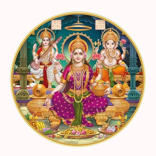 Dharvika Innovations lakshmi devi photo frames laxmi frame for pooja laxmidevi gajalakshmi with varalakshmi ganesh saraswati, 12x12 Inch, Sparkle Laminated 10835