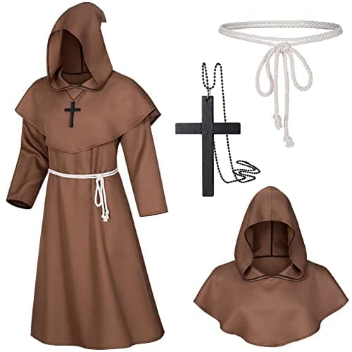 TOKYO REVENGERS Medieval Renaissance Monk Friar Priest Wizard Cloak Hooded Robe Cosplay Belt Necklace Set(Brown L)