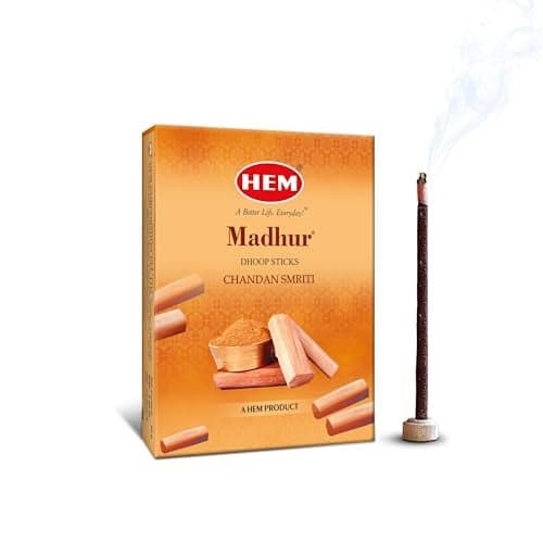 Hem Madhur Chandan Smriti Dhoop Sticks | Bambooless & Charcoal-Free | Rich Sandalwood Fragrance for Meditation, Puja & Sacred Rituals | Handcrafted Aroma | Approx. 20 Sticks | 60g | Burns 35-40 Min*