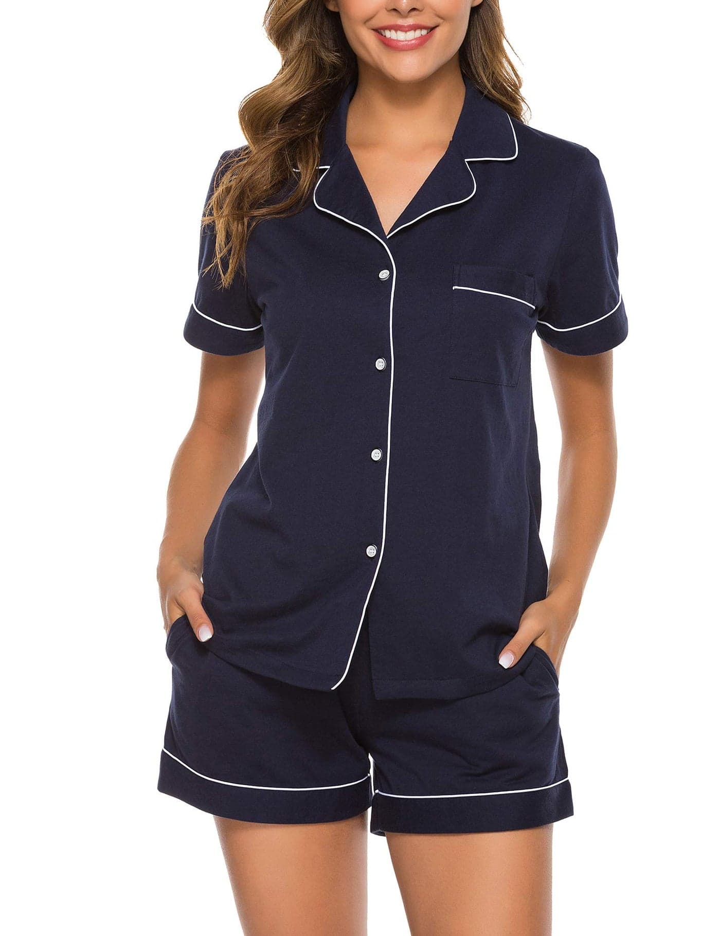 COLORFULLEAF Womens 100% Cotton Pajamas Set Short Sleeve Sleepwear Button Down Pjs Soft 2 Piece Lounge Set with Pockets S-XXL(Navy Blue, Large)