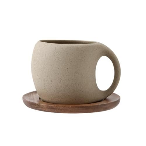Tvvtuww 6 Oz Coffee Cup Mug Espresso Cups Set, Ceramic Cup with Natural Acacia Wood Saucer for Espresso, Latte, Cappuccino Coffee, Tea, Unglazed Porcelain Arty Mug (Natural Earthiness Finish)