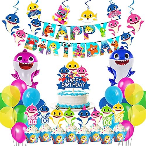 Party Propz Baby Shark Theme Birthday Decoration Kit For Kids - 60 Pcs Shark Theme Happy Birthday Banner, Foil Balloons, Cake Topper For Cake Decoration, Cup-cake Topper,Swirls For Hanging
