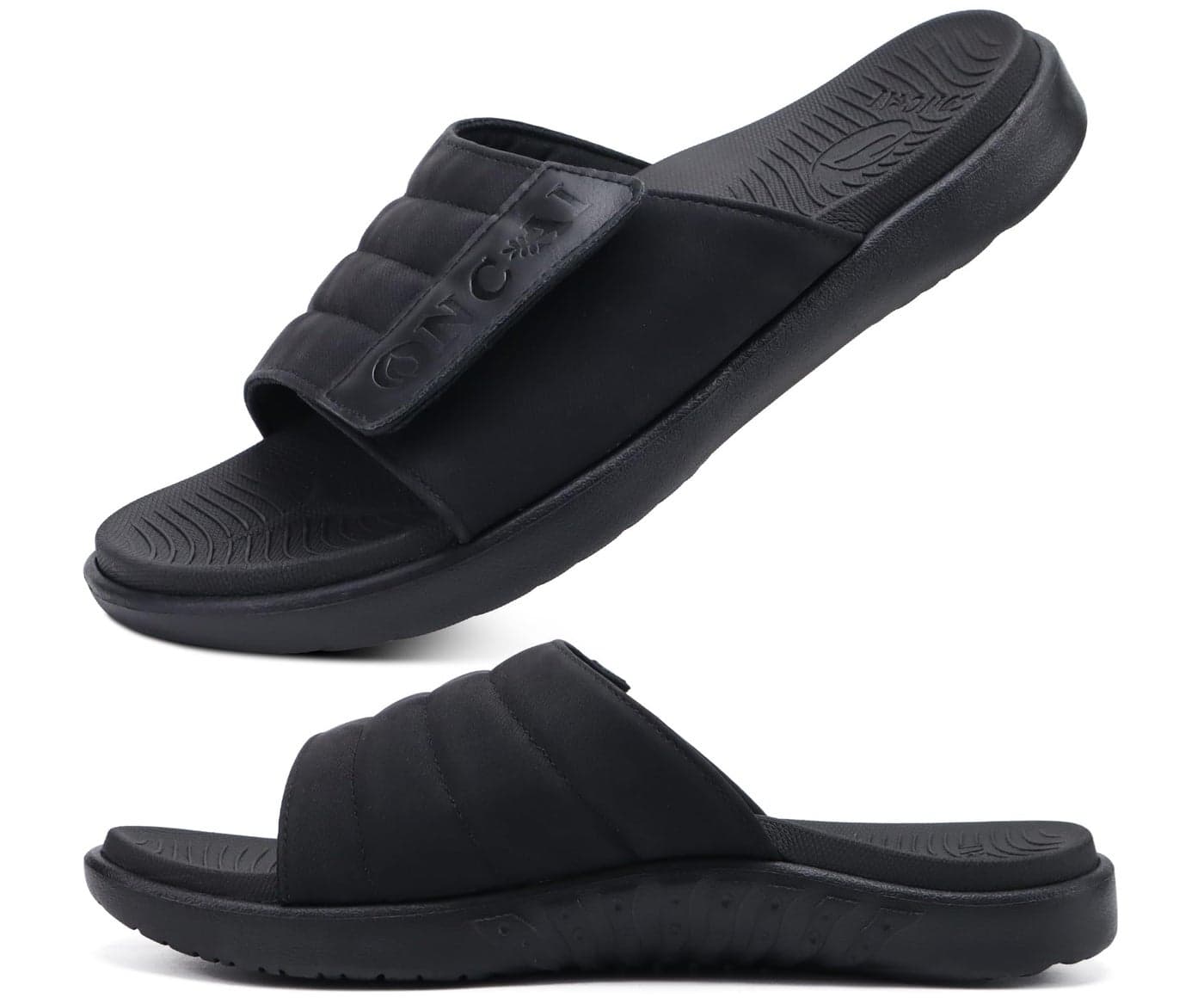 ONCAI Mens Sandals Adjustable Straps Orthotic Plantar Fasciitis Open Toe Athletic Sport Slides with Soft Comfy Arch Support Footbed Black Size 12