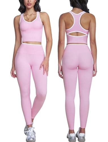 ABOCIW Workout Sets for Women Color Block Gym Set V Neck Racerback Tank Top Built in Bra High Waist Leggings Yoga Pilates Outfits Athletic Work Out Clothes Pink Small