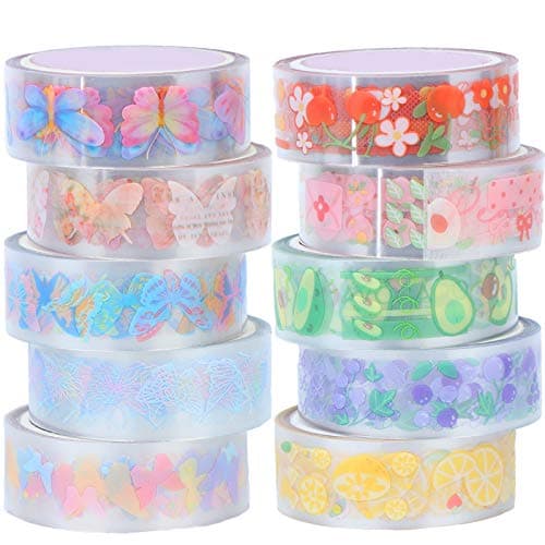 10 Rolls Waterproof Plastic Tape Cute 15mm Wide SelfAdhesive Tape Butterfly and Fruits Pattern Masking Clear Printed Sticker Lovely Gift for Scrapbook Bullet Journal Planner Arts Crafts656 Ft