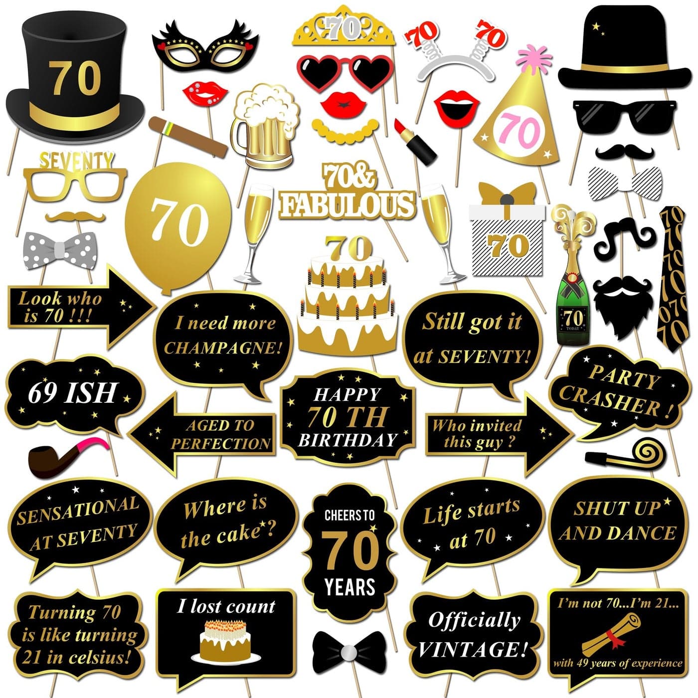 70th Birthday Party Photo Booth Props with Stick (50Counts) for Her Him Funny Chic 70th Birthday Black and Gold Decorations, Konsait 70 Happy Birthday Party Favors Supplies for Adults Men and Women