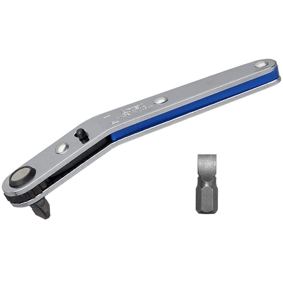 ANEX Ultra Low Profile Offset Ratcheting Screwdriver 90 Degree For Tight Area Magnetic 2 Bits Set Downwards Angled Head Blue