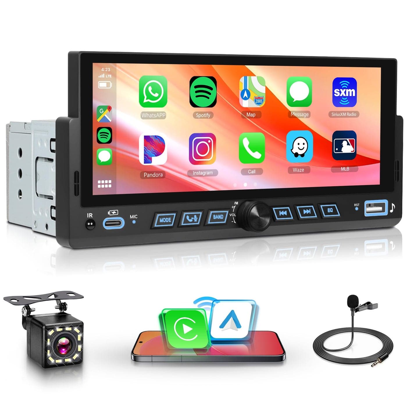 Car Stereo Single Din Wireless Carplay 686 inch Touch Screen Android Auto Rimoody Car Radio with Bluetooth 52 Mirror Link FMEQ USBAUXTFSWCMIC Car Audio Receiver with Backup Camera