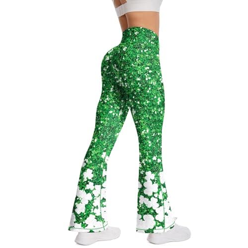 BELYQLY Women's St. Patrick's Day Yoga Pants, High Waist Bell Bottom, Flare Leggings Athletic Workout Pant (US, Alpha, Medium, Regular, Regular, Green)