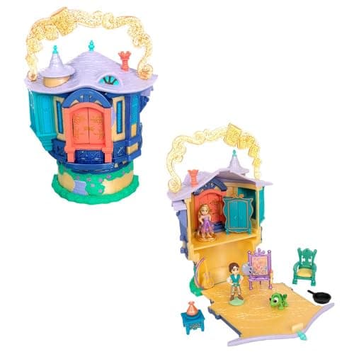 Disney Store Official Rapunzel Tower Micro Play Set, Micro Toy Set Includes Rapunzel, Flynn and Pascal Micro Figures, Travel Toy Portable Playset with Handle, Travel Toys with Surprise Reveals