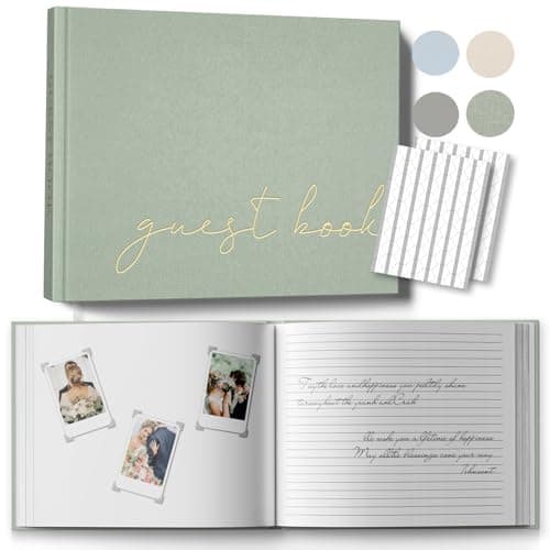 Wedding Guest Book for Memorial Service, Half Blank and Lined Guestbook Alternative with Table Sign, 108 Polaroid Photo Corners Stickers, Baby Shower, 100 Pages - Sage 8x10”