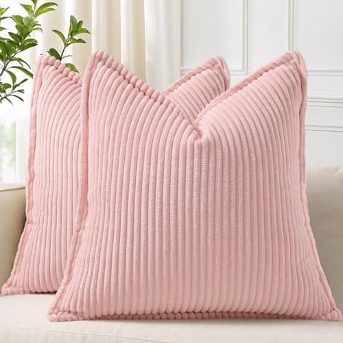 decorUhome Summer Corduroy Pink Euro Sham Throw Pillow Covers 22x22 Set of 2 Decorative Soft Boho Farmhouse Couch Pillow Covers for Living Room Bed Sofa Broadside Striped Pillow Cases