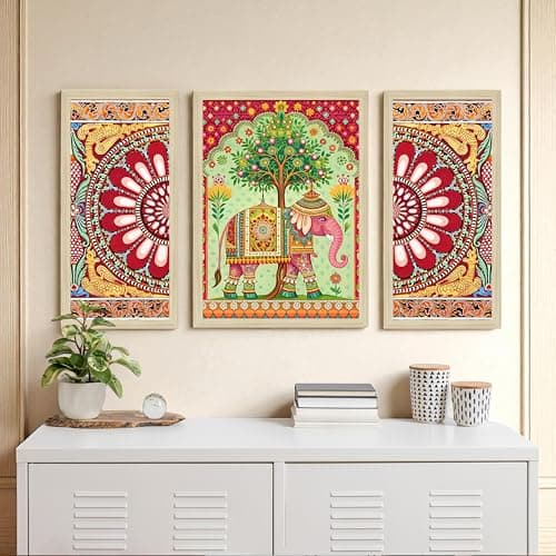 PAINTINGMANTRA Elephant and Flowers Madhubani Framed Wall Art Painting Home Décor Pack Of 3 | Digital Scenery Painting with Frame | Suits for Hallways, Living Room, Office Set Of 3 22x46 cm, 33x44 cm