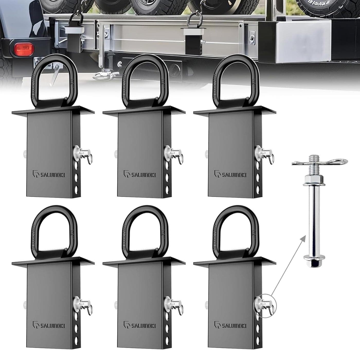 SALUINOKI Heavy Duty Stake Pocket D-Ring Tie Downs with Anti-Loss Lock and Gloves - 6 Set, Breaking Load 16,200lbs, Galvanized Black
