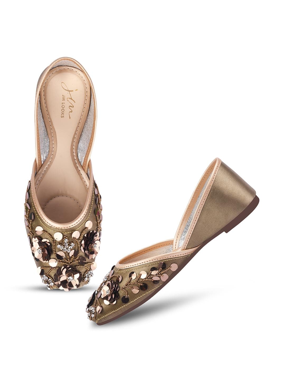 JM LOOKS Stylish Embroidered Jutti For Women/Girls | Embellished Stone Work Jutti | Wedding Bellies | Women Ethnic Shoe Traditional Mojari | Kolhapuri/Jaipuri/Punjabi Jutties | (Copper, 37)
