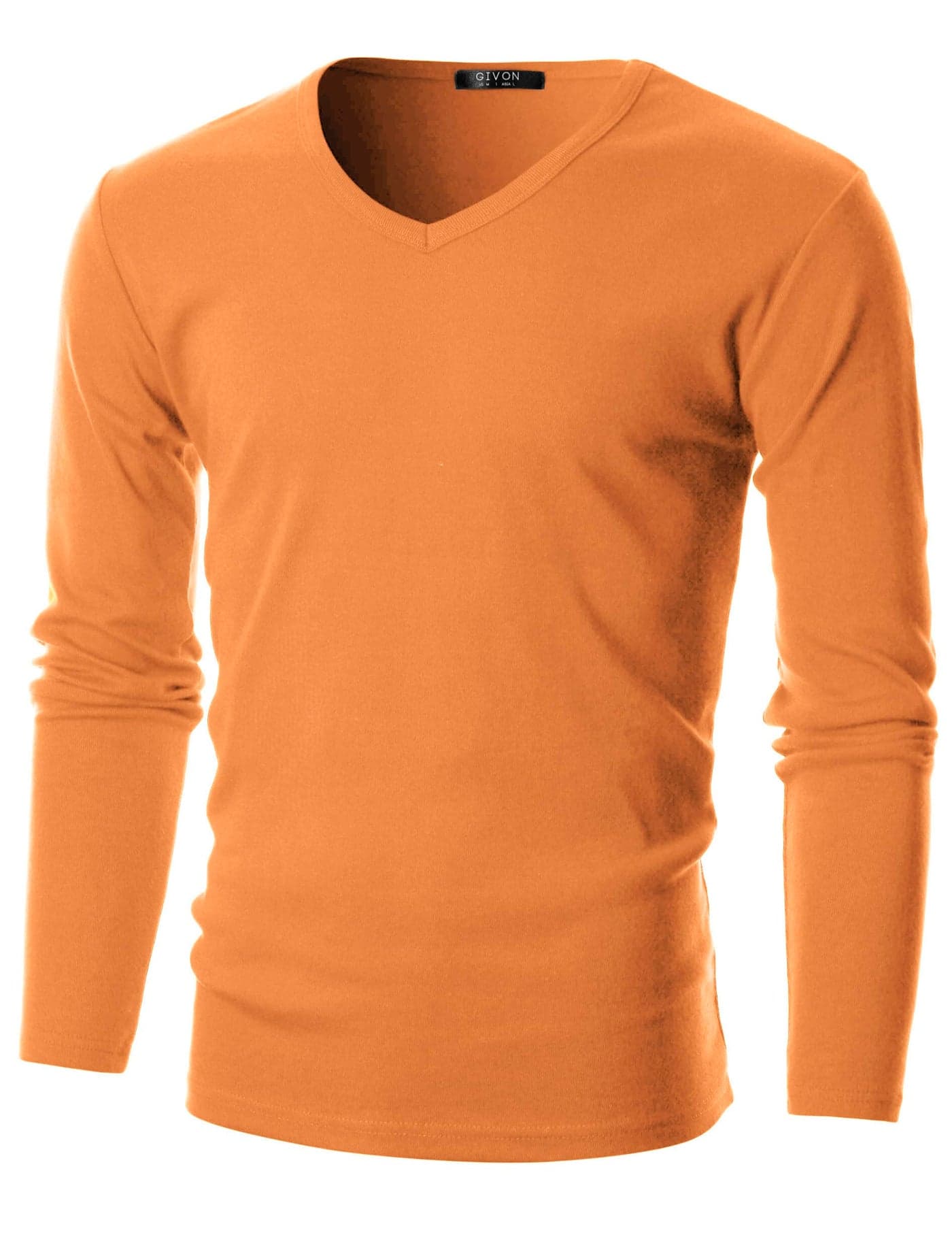 GIVON Men’s Slim Fit V-Neck Long Sleeve T-Shirt – 100% Cotton Ribbed Knit – Midweight Base Layer or Standalone Top / DCP053-ORANGE-XL