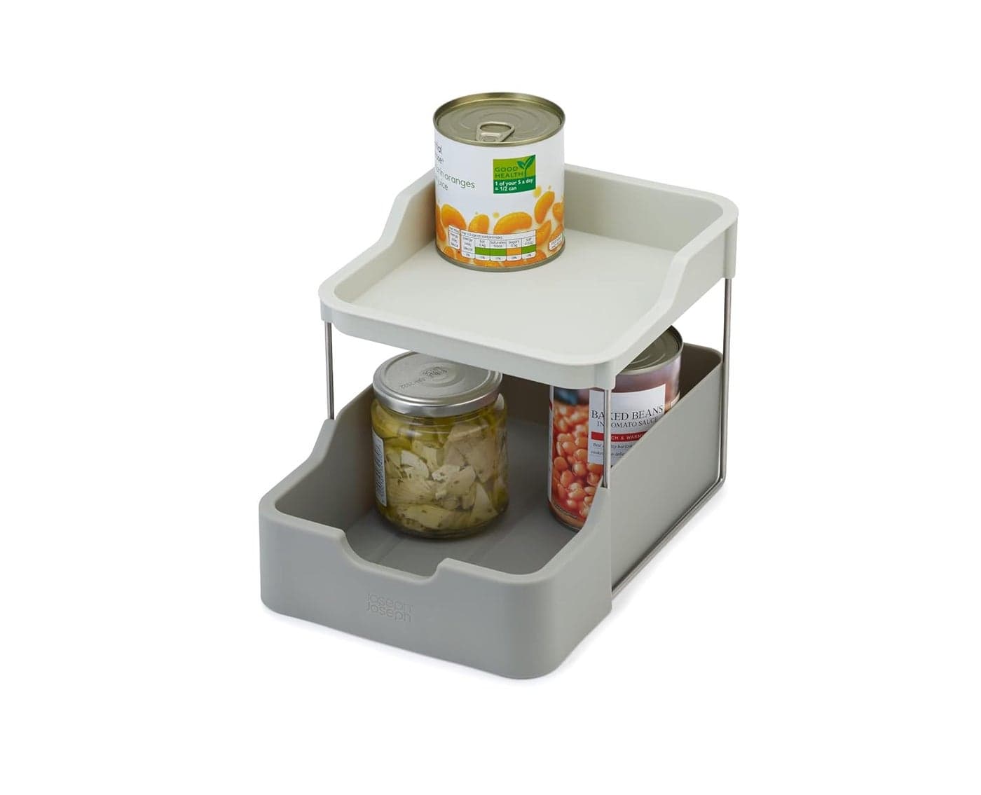 Joseph Joseph Duo 2tier Cupboard Organiser with Drawer Kitchen and Storage Organiser for Spices Packets and Cans Grey