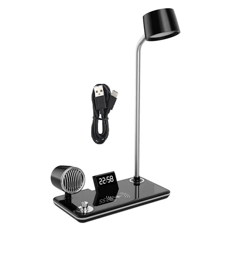Foliam LED 4 in 1 Desk Lamps for Home Office, Wireless Charger Small Desk Lamp with Bluetooth Speaker, Touch Lamps for nightstand, Reading Night Light with Alarm Clock,Dimmable,Side Table Lamp
