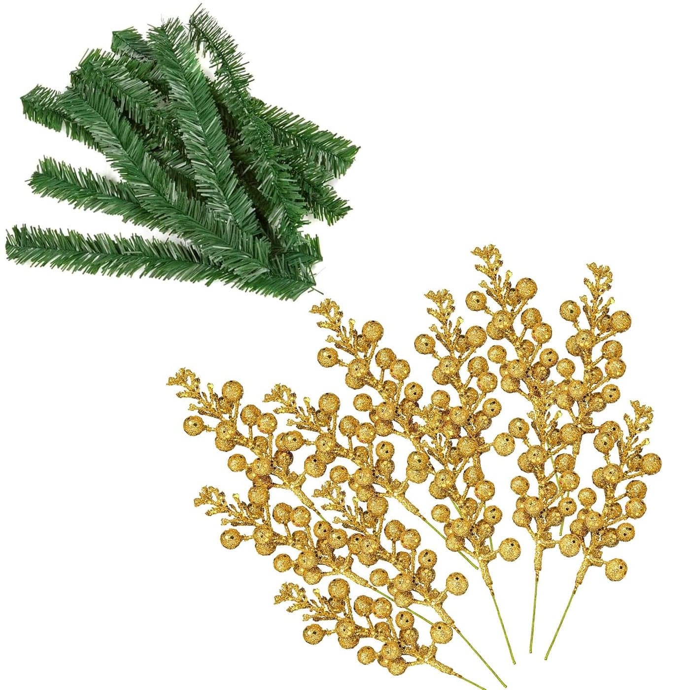Forty Wings Set of 5 Pcs Glitter Gold Berries Bunch with 12 Pcs Pine Tree Branch Stem for Christmas Ornaments Xmas Tree Hangings Ornaments for Christmas Decoration Items for Home Decoration