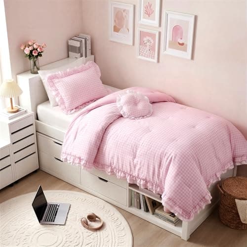 Intelligent Design Rowena Twin Comforter Set Blush Pink Gingham Ruffled Bedding Vintage Farmhouse Style Reversible All Season 3Piece Bedding Set TwinTwin XL Gift for Her