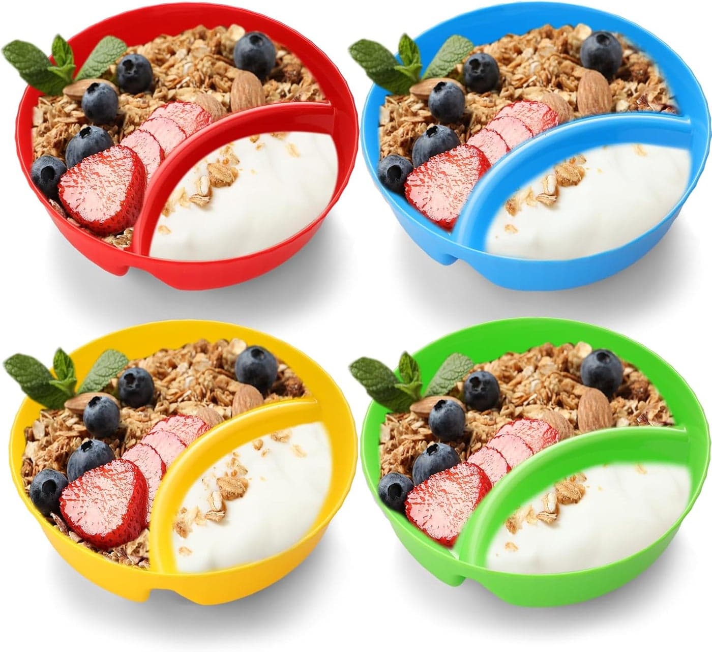 4 Pcs Divided Cereal Bowls Anti Soggy Cereal Bowl with Divider Plastic Separate Milk Container Microwave Dishwasher Safe Stackable Snack and Dip Container for ChipRed Blue Yellow Green