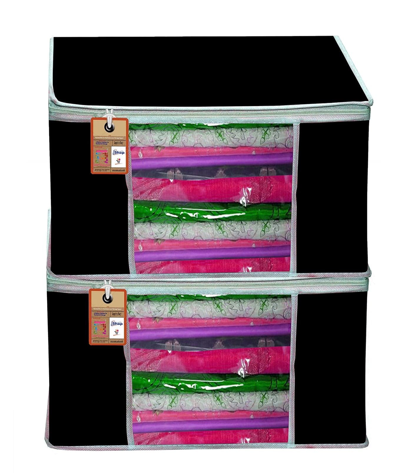 atorakushon® Fabric Large Saree Cover Bag/Wardrobe Organizer with Transparent Window- Black - (Pack of 2)