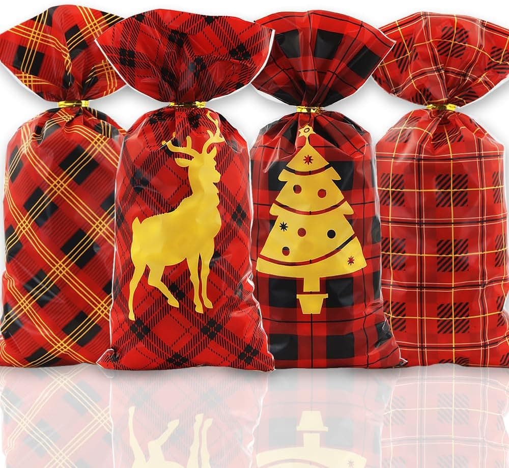 Christmas Red Plaid Gift Bags with Twist Ties100 PCS Christmas Cellophane Treat Bags Red Black Plaid Elk Christmas Tree Kids Goodie Candy Bags Xmas Party Favor Bag for Cookie Chocolate Snack Packing