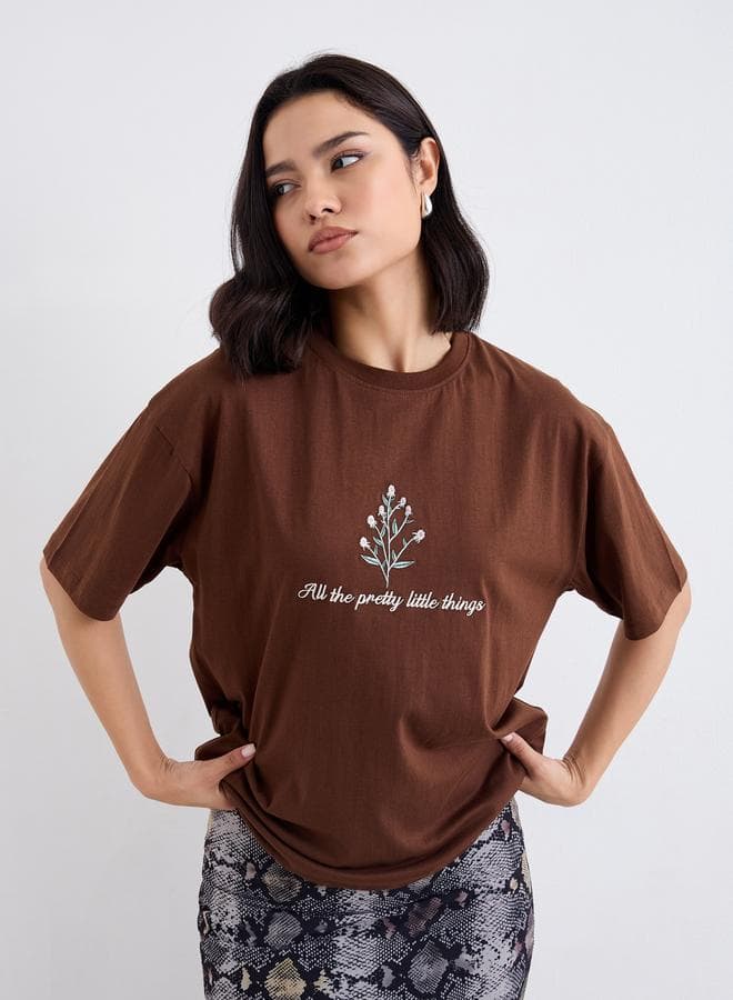 Styli Embroidered Slogan Short Sleeves Oversized T-Shirt