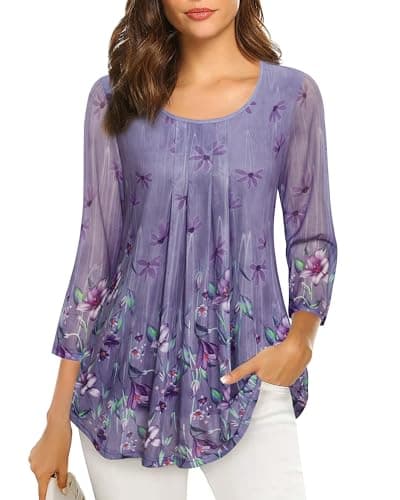 Ladies Plus Size Tops and Blouses, VALOLIA Womens Tunics 3/4 Sleeves Dressy Casual Plus Size Tops for Women Dressy Tops Party Blouses for Women Evening Loose Dressy Tunic for a Wedding Purple XX-Large