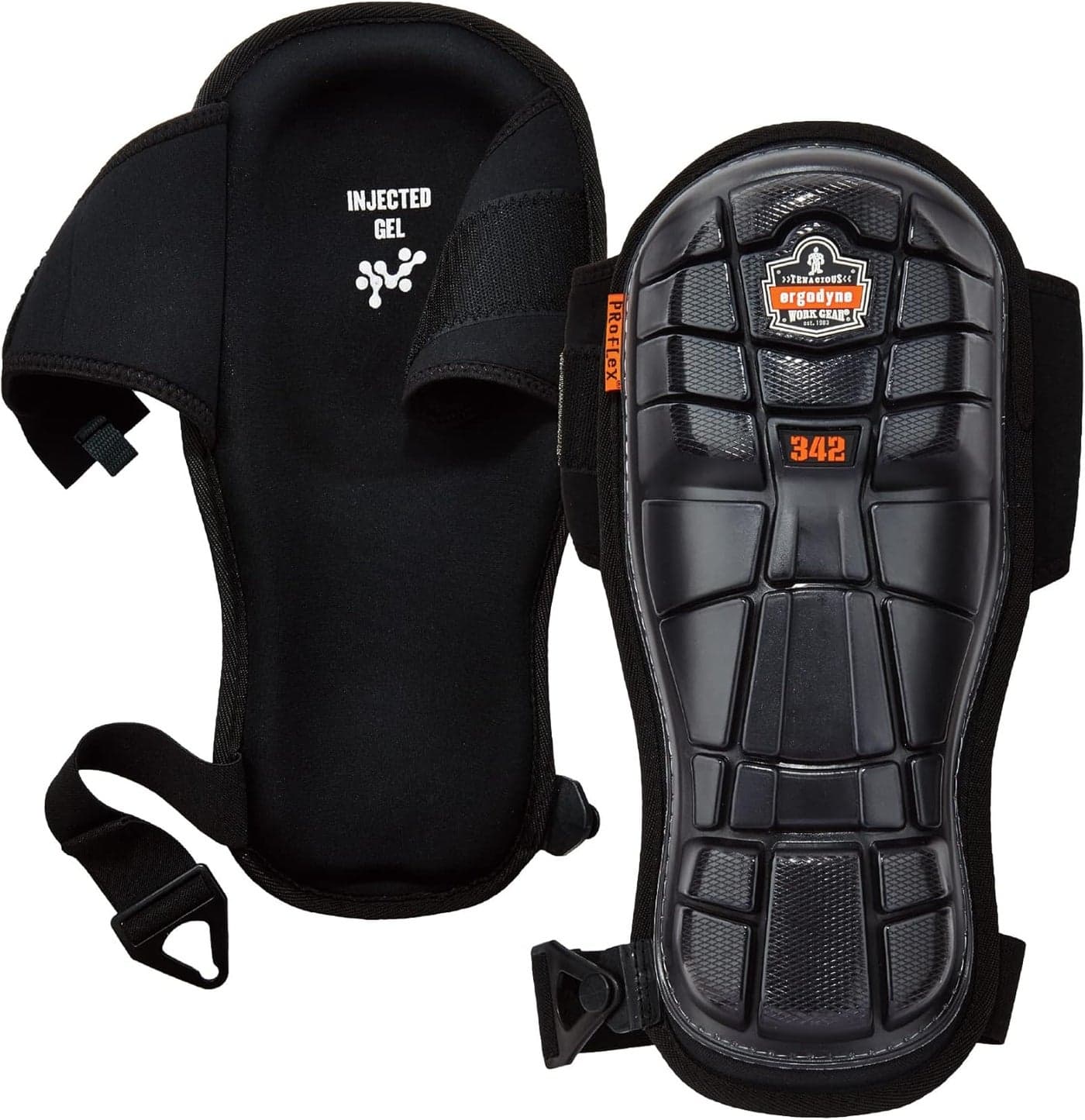 Ergodyne 18442 ProFlex 342 Professional Knee Pads Protective Extra Long Cap Injected Gel Padded Technology Adjustable Straps Black