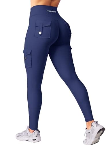 YEOREO CoreFlex Workout Cargo Leggings with Pockets for Women Hidden Scrunch Butt Lifting Leggings Gym Yoga Pants Navy L