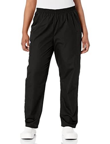 CHEROKEE Women's Workwear Elastic Waist Cargo Scrubs Pant, Black, Medium-Petite