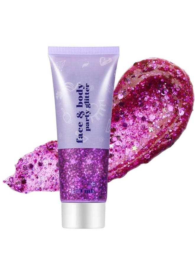 Purple Body Glitter Gel,Singer Concerts Face Glitter Makeup,Holographic Long Lasting Chunky Sequins Glitters for Eye Lip Hair Nails,Festival Rave Accessories for Face Gems,04 Purple Glitter 52g