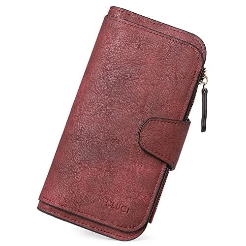 CLUCI Women Wallet Leather RFID Blocking Designer Trifold Card Holder Ladies Clutch with ID Window Wine Red 1