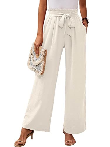 Heymoments Women's Wide Leg Lounge Pants with Pockets Ivory Large Lightweight High Waisted Adjustable Tie Knot Loose Comfy Casual Trousers