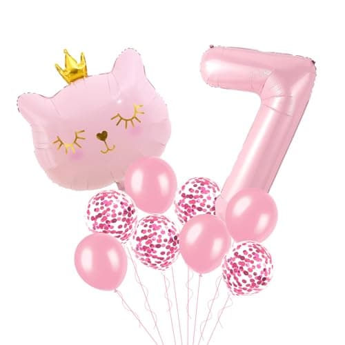 Cat Balloons Pink 7 Balloon Number 40 inch Cat Themed Birthday Party Decorations 7 Year Old Girl Birthday Decorations