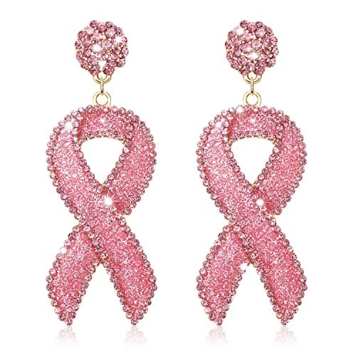 Glitter Rhinestone Pink Ribbon Drop Earrings Beaded Breast Cancer Awareness Earrings Jewelry for Women Breast Cancer Survivor Support Jewelry Gifts (Glitter rosy)